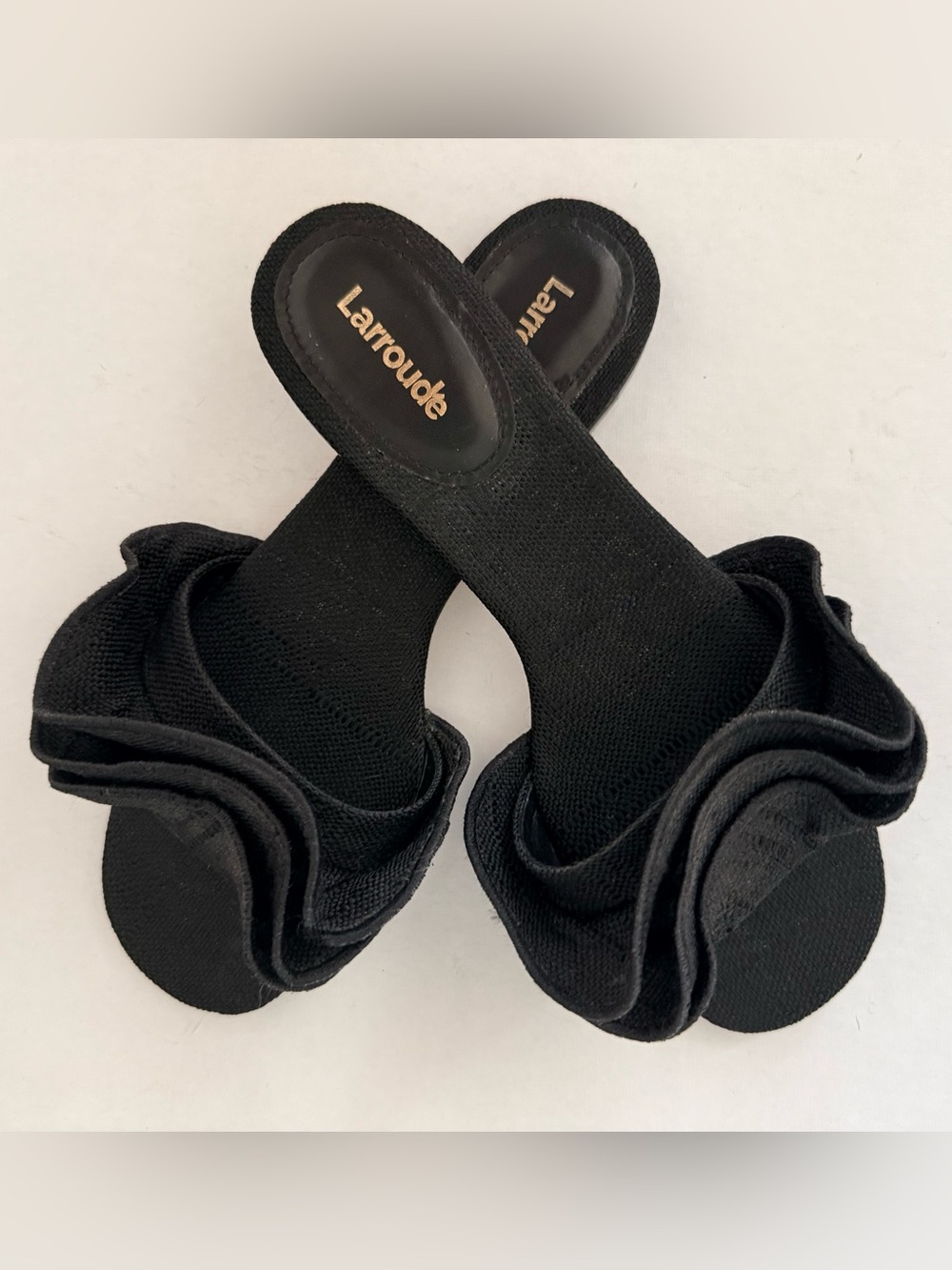 Larroude Ivy Ruffle Raffia Slide Sandal in Black